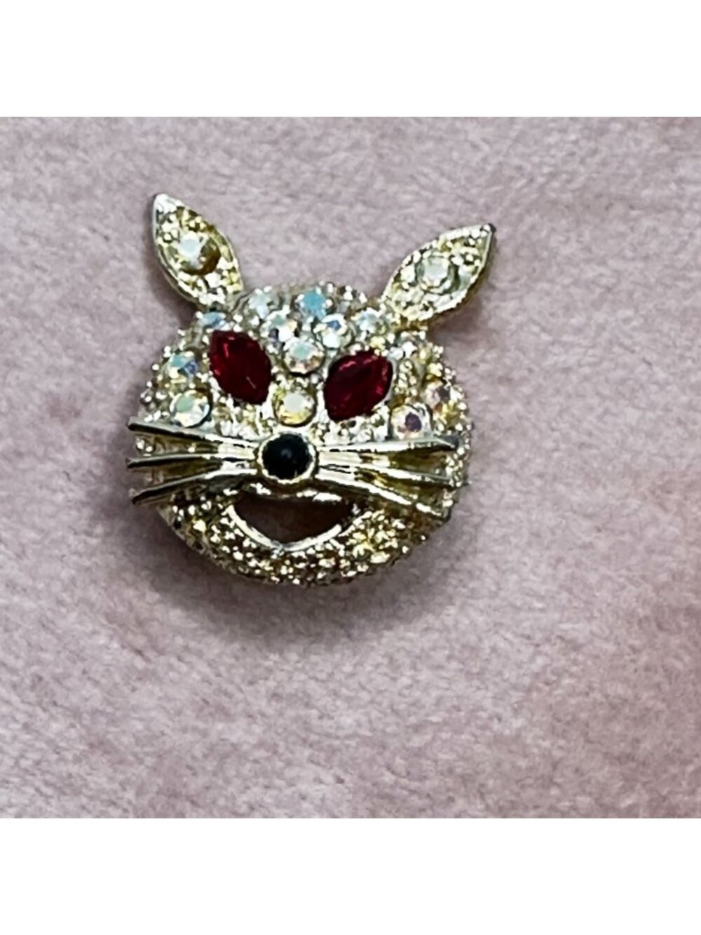 Vintage Aurora Borealis Crystal Rabbit Brooch Pin Red Rhinestone Eyes Gold-Tone - Picture 4 of 16